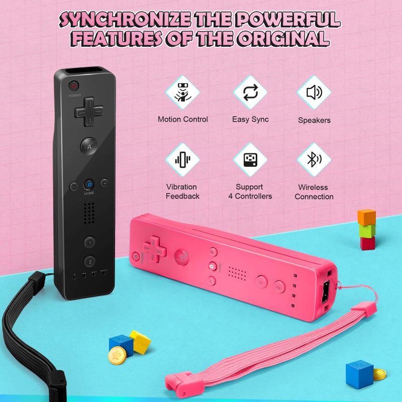 PGYFDAL Wii Controller 2 Pack, Wii Remote Controller and Nunchuck Joystick with Silicone Case and Wrist Strap for Holiday (Black and Pink) - Image 2